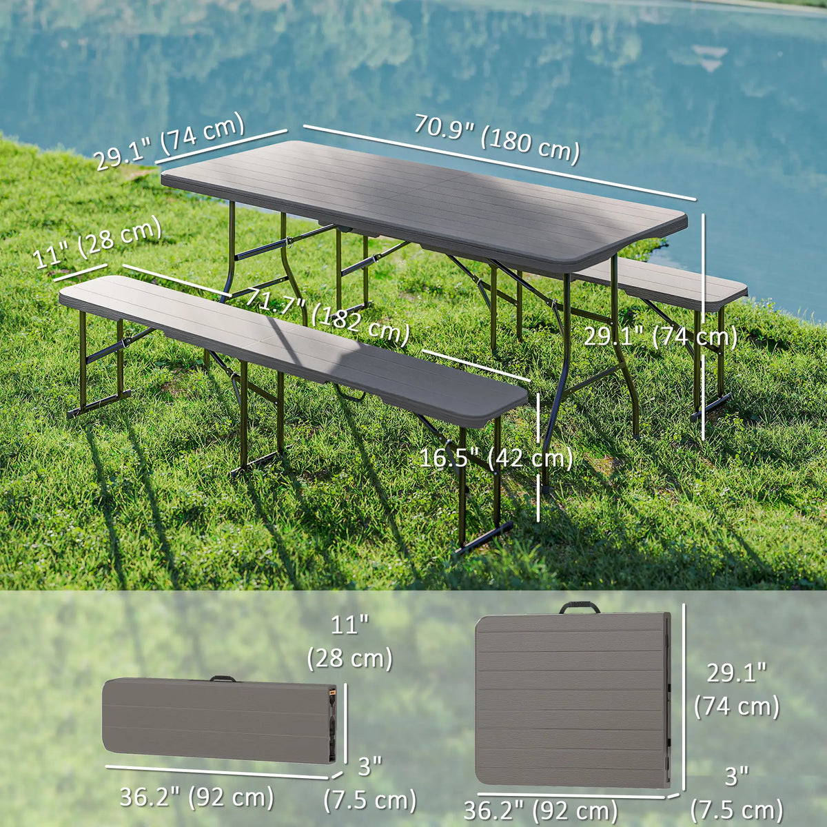 6FT 3PCS Faux Rattan Camping Table Bench Set, Brown Picnic Tables & Camping Chairs at Gallery Canada