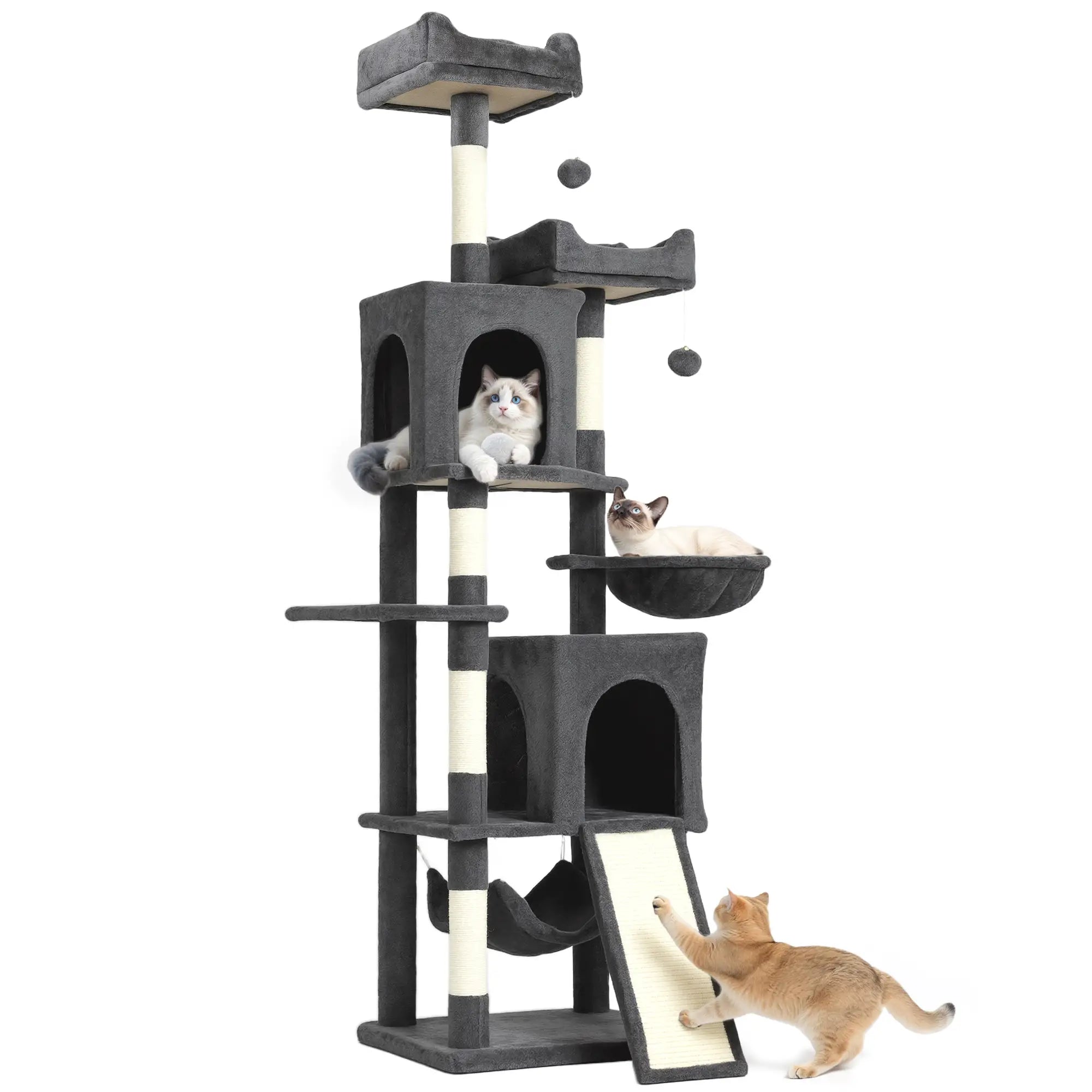 Cat Tree, 70 Inch Multi-Level Tower with Condos, Perches, Hammock, Dark Grey Cat Towers at Gallery Canada