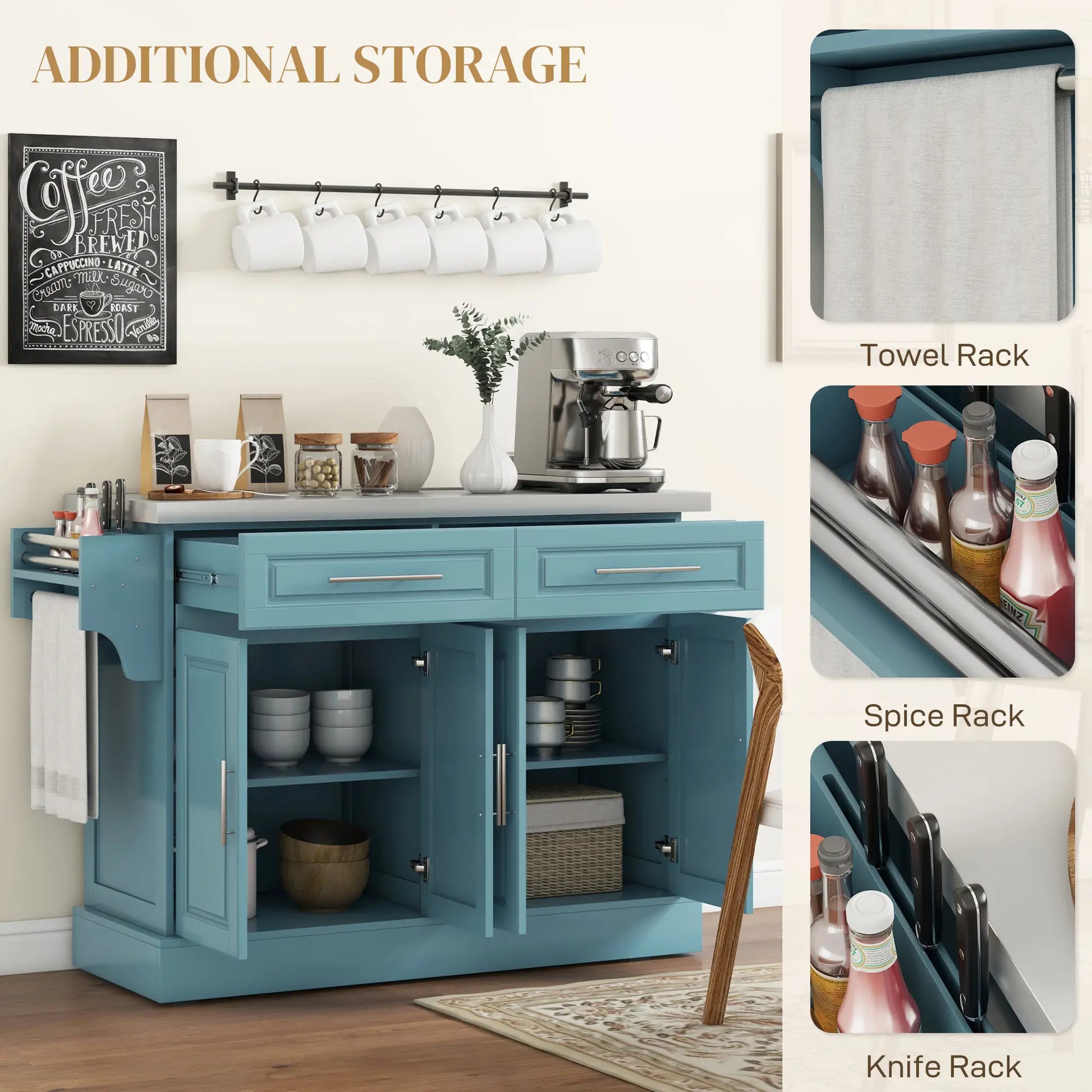 Rolling Kitchen Island with Storage, Stainless Steel Top, Light Blue Kitchen Islands & Kitchen Carts at Gallery Canada