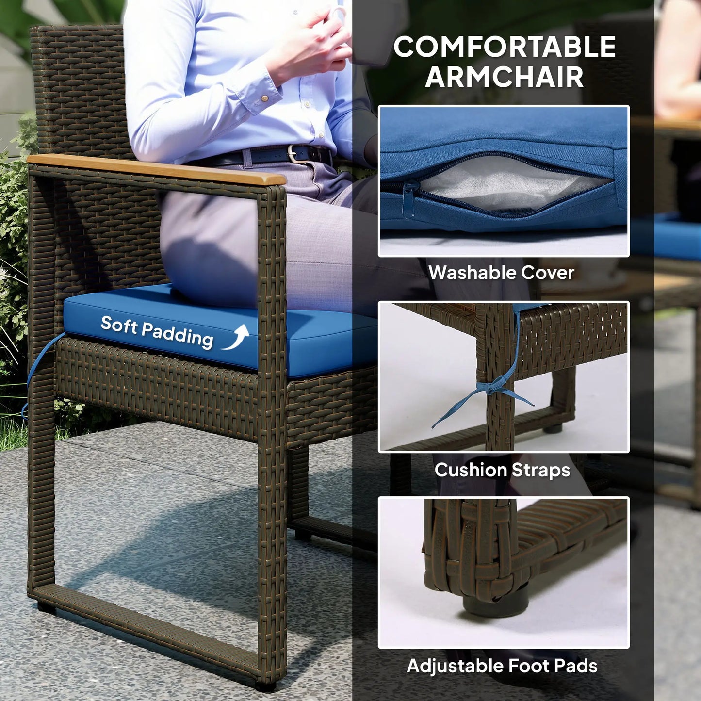 3-Piece Wicker Patio Set, Rattan Bistro, Acacia Table, Dark Blue Bistro Sets at Gallery Canada