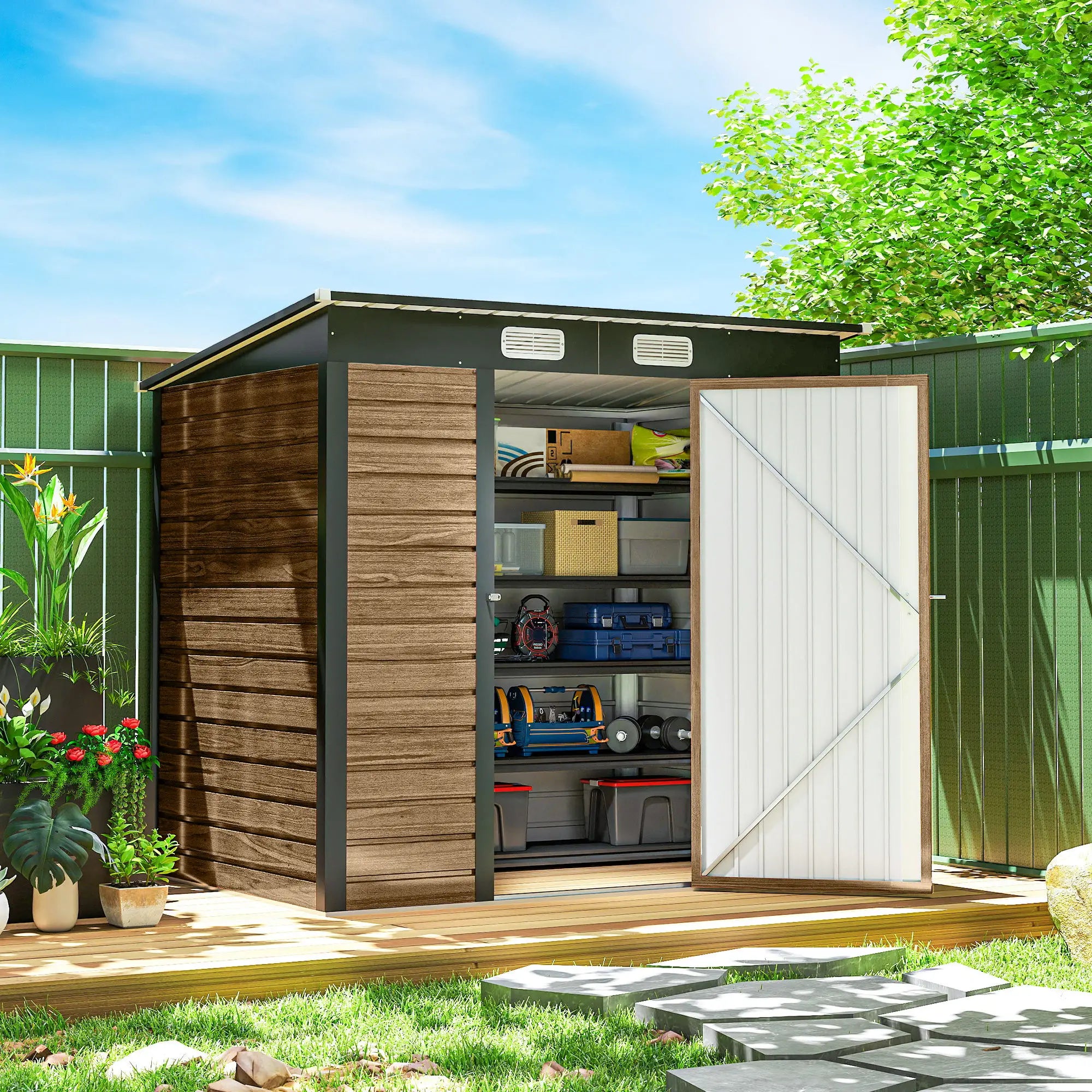 6' x 4' Galvanized Metal Garden Storage Shed, Double Doors, 2 Vents, Teak Sheds at Gallery Canada