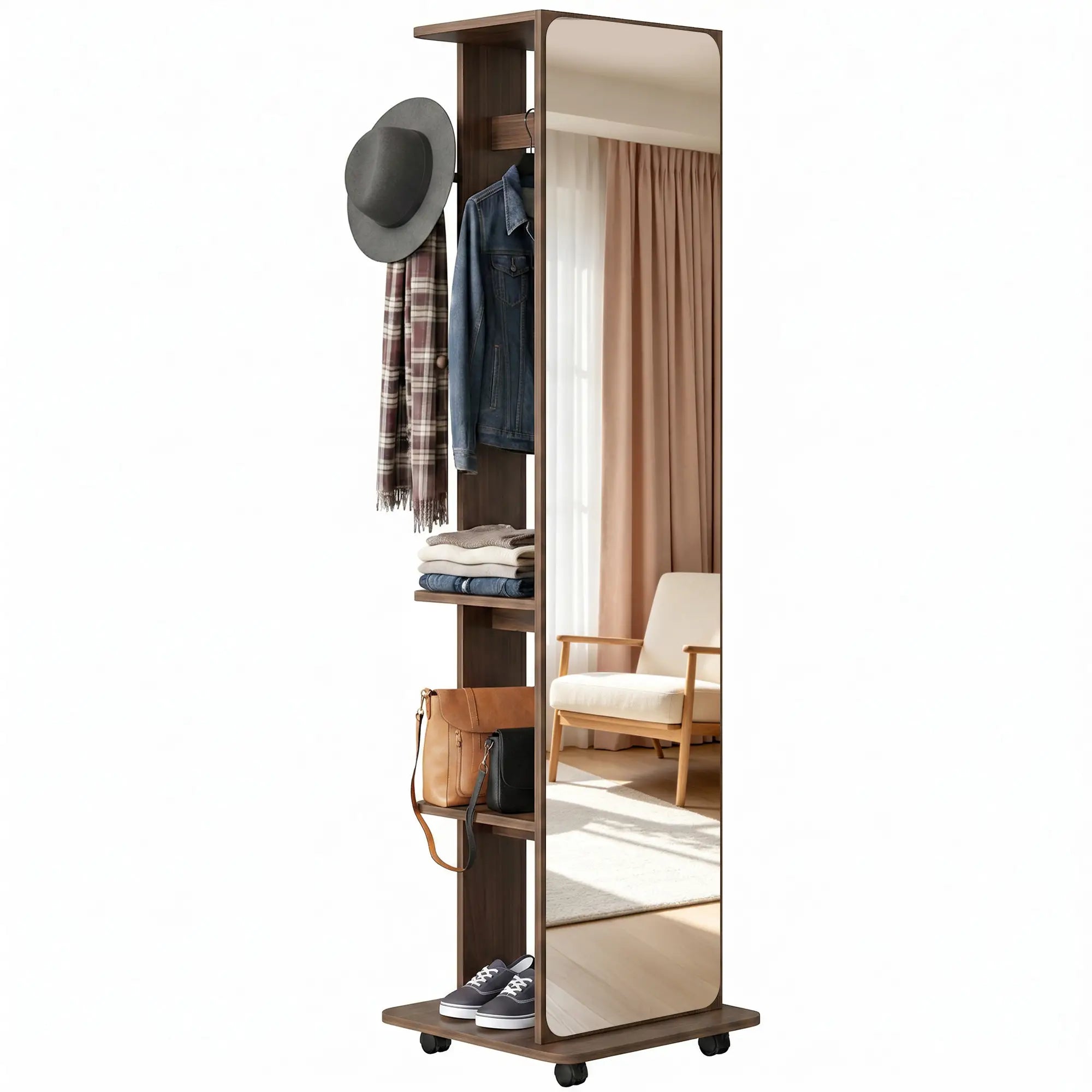 Full Length Floor Mirror With Storage Shelves, Wood Grain, Brown Full Length Mirrors at Gallery Canada