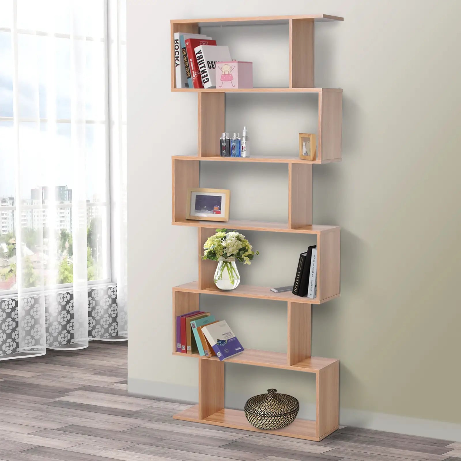 76" 6-Tier Geometric Wooden Bookcase, S Shaped Storage Display, Maple Display Bookshelves at Gallery Canada