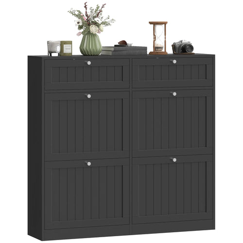 Shoe Cabinet With 2 Large Flip Drawers, Farmhouse Narrow, Black