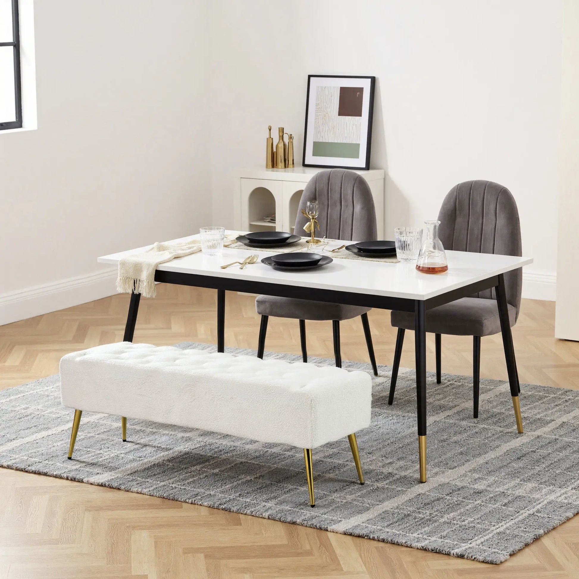 44" Lamb's Wool Upholstered Bedroom Bench, Thick Padded Cushion, Cream White Storage Ottomans & Benches at Gallery Canada