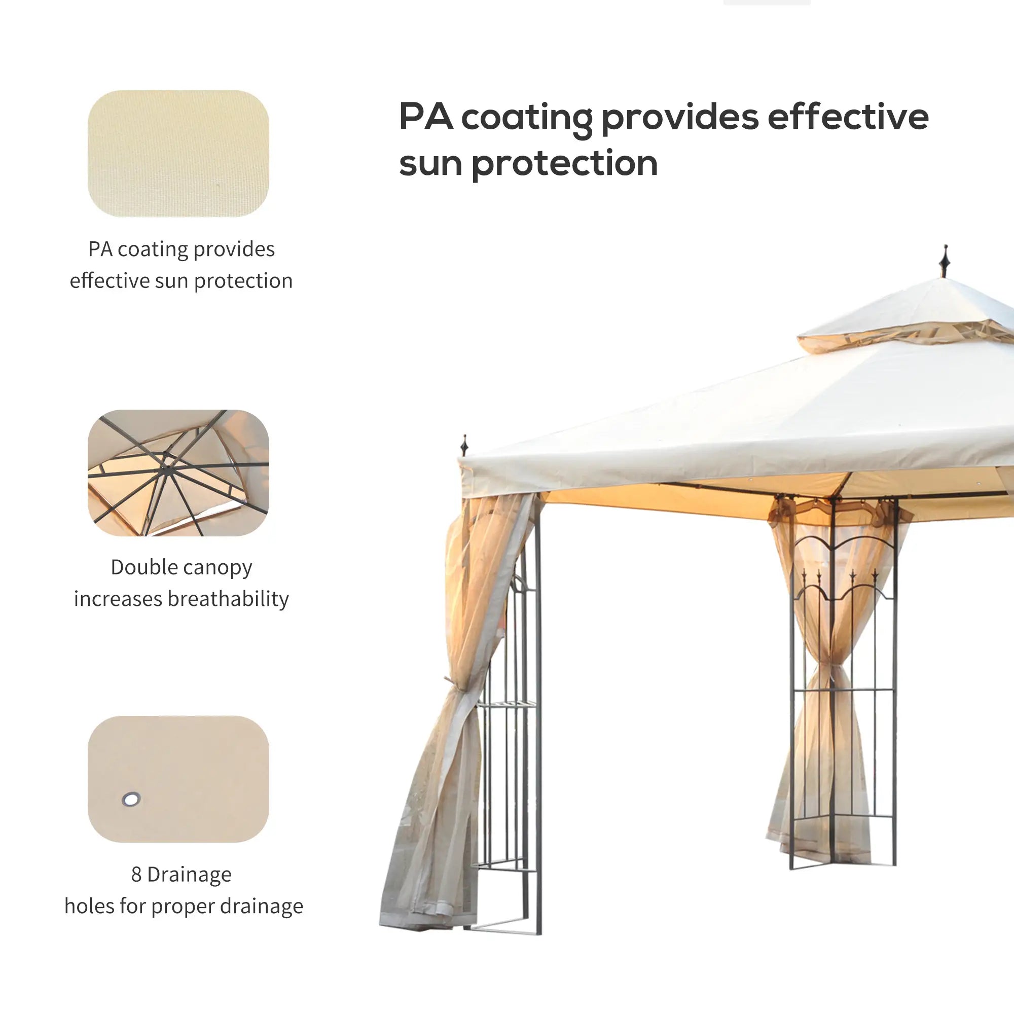 10' x 10' Steel Outdoor Gazebo, Removable Mesh Curtains, Beige Gazebos at Gallery Canada
