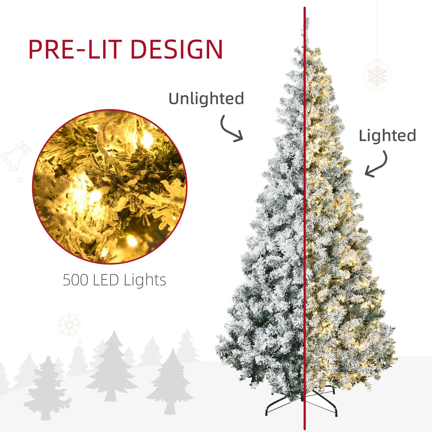 7.5ft Prelit Artificial Christmas Tree, Snow Flocked, Metal Base, Warm White LED Pre Lit Christmas Trees at Gallery Canada