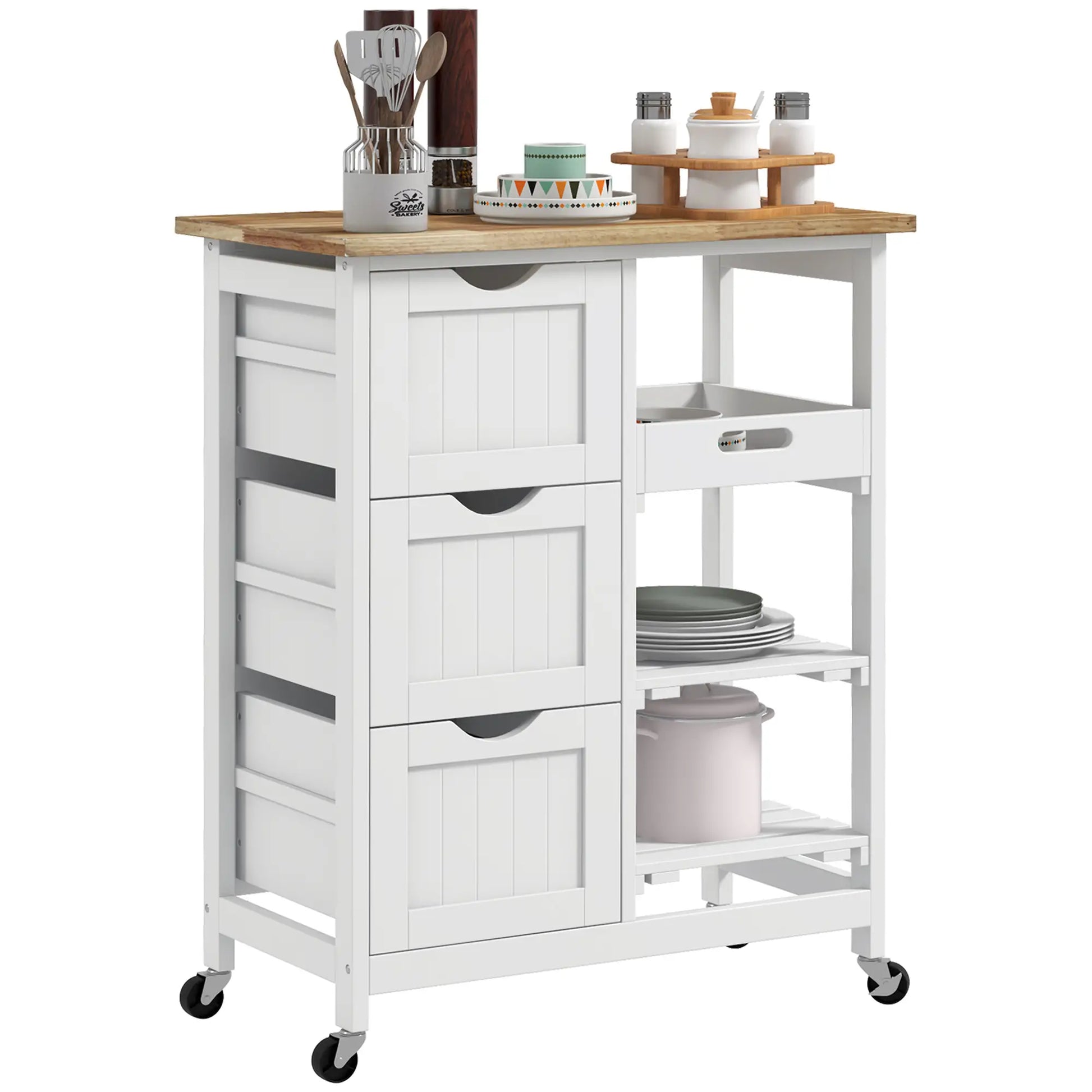 Kitchen Cart on Wheels, Wood Top, 3 Drawers, Shelves, Dining Kitchen Islands & Kitchen Carts at Gallery Canada