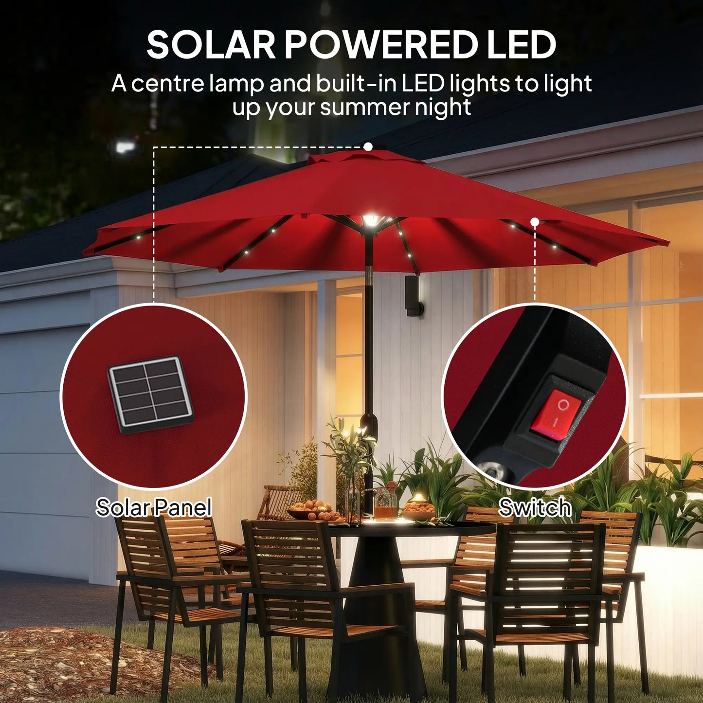 9ft Solar Patio Umbrella, 24 LED Lights, Tilt, Wine Red Sun Umbrellas at Gallery Canada