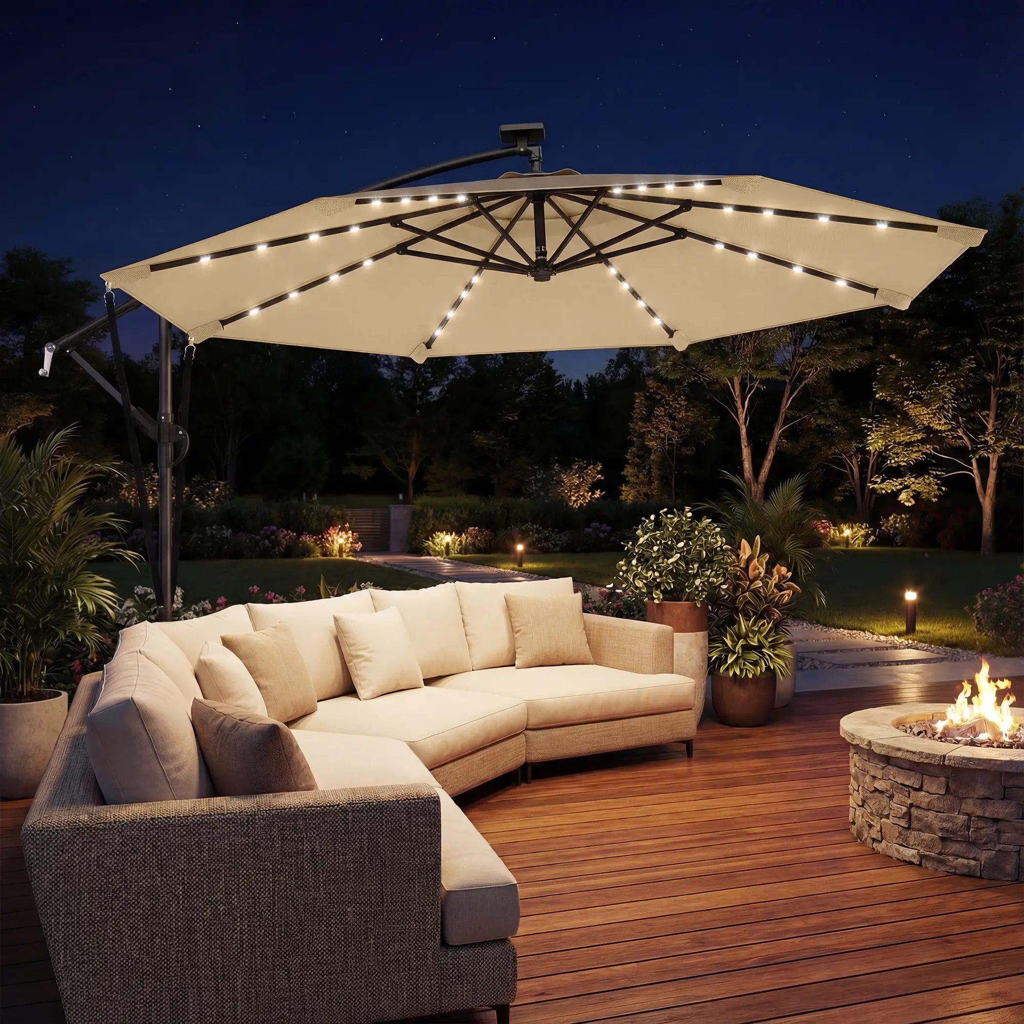 9.7ft Solar LED Cantilever Patio Umbrella, 32 Lights, Cross Base, Crank Handle, Khaki Offset Cantilever Umbrellas at Gallery Canada