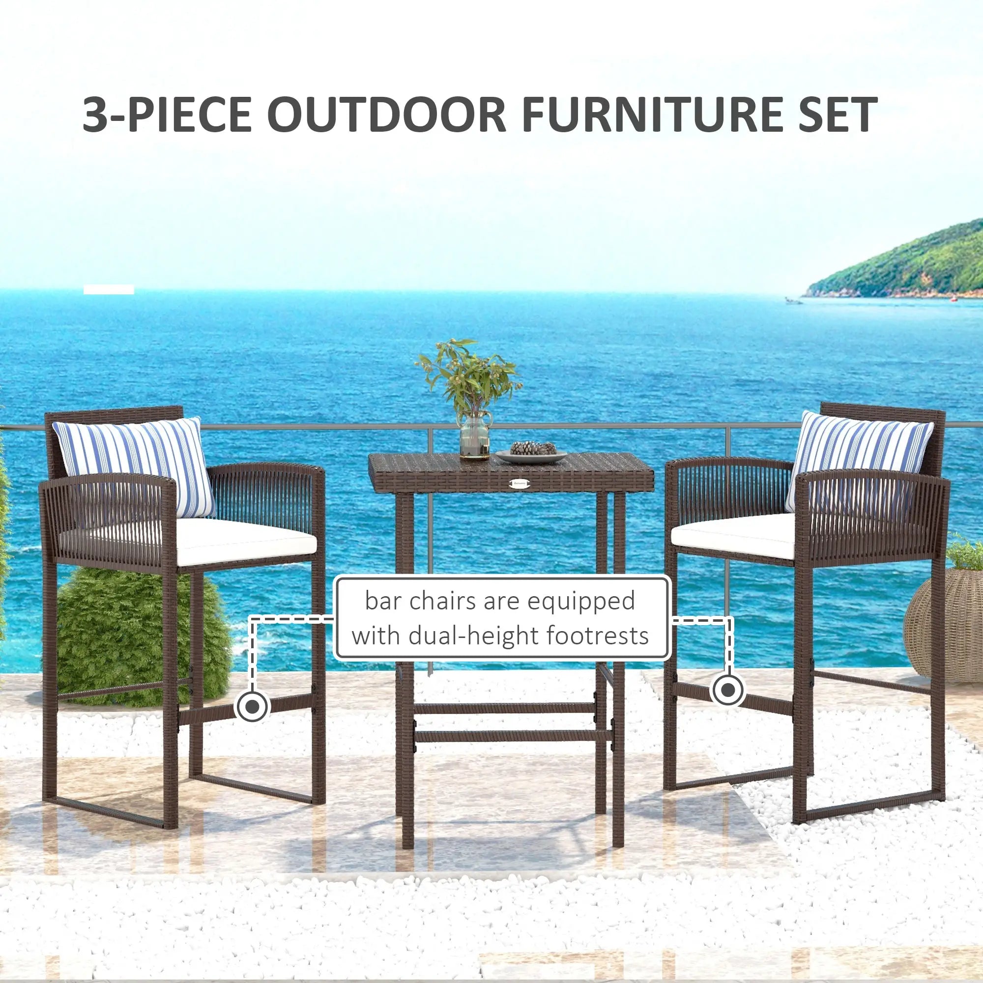 3-Piece Wicker Bar Set, Patio Table with Cushions, 25.2