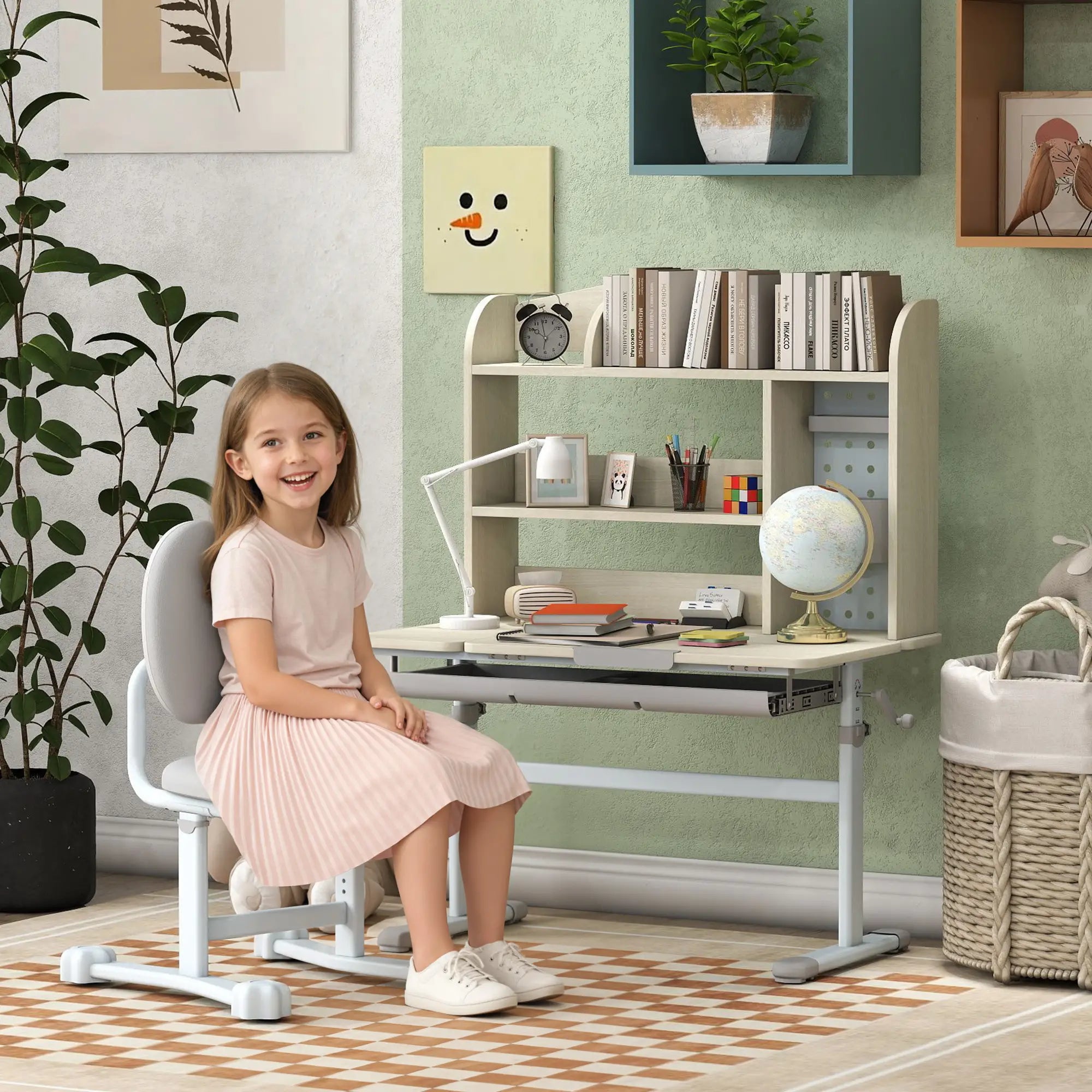 Kids Desk Chair Set, Adjustable Height, Tilting Desktop, Drawer Shelves, Grey Kids Desk Sets at Gallery Canada