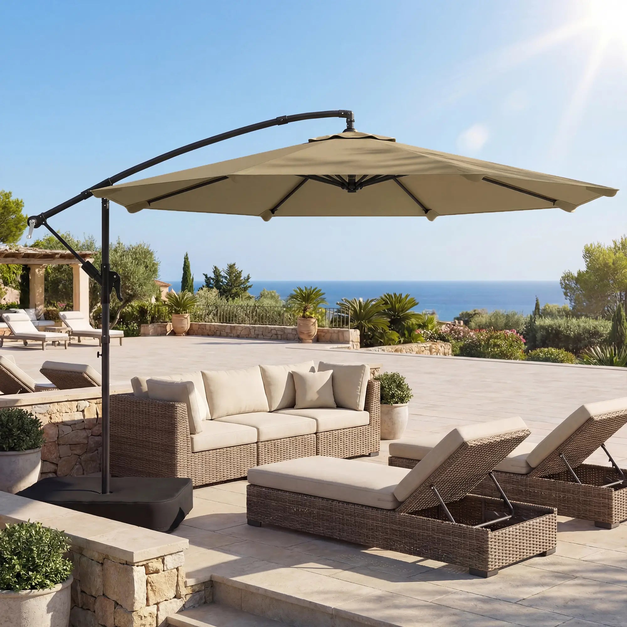 9.6 ft Offset Patio Umbrella, Sandbag, 360° Rotation, Khaki Offset Cantilever Umbrellas at Gallery Canada