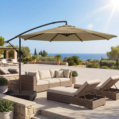 9.6 ft Offset Patio Umbrella, Sandbag, 360° Rotation, Khaki Offset Cantilever Umbrellas at Gallery Canada