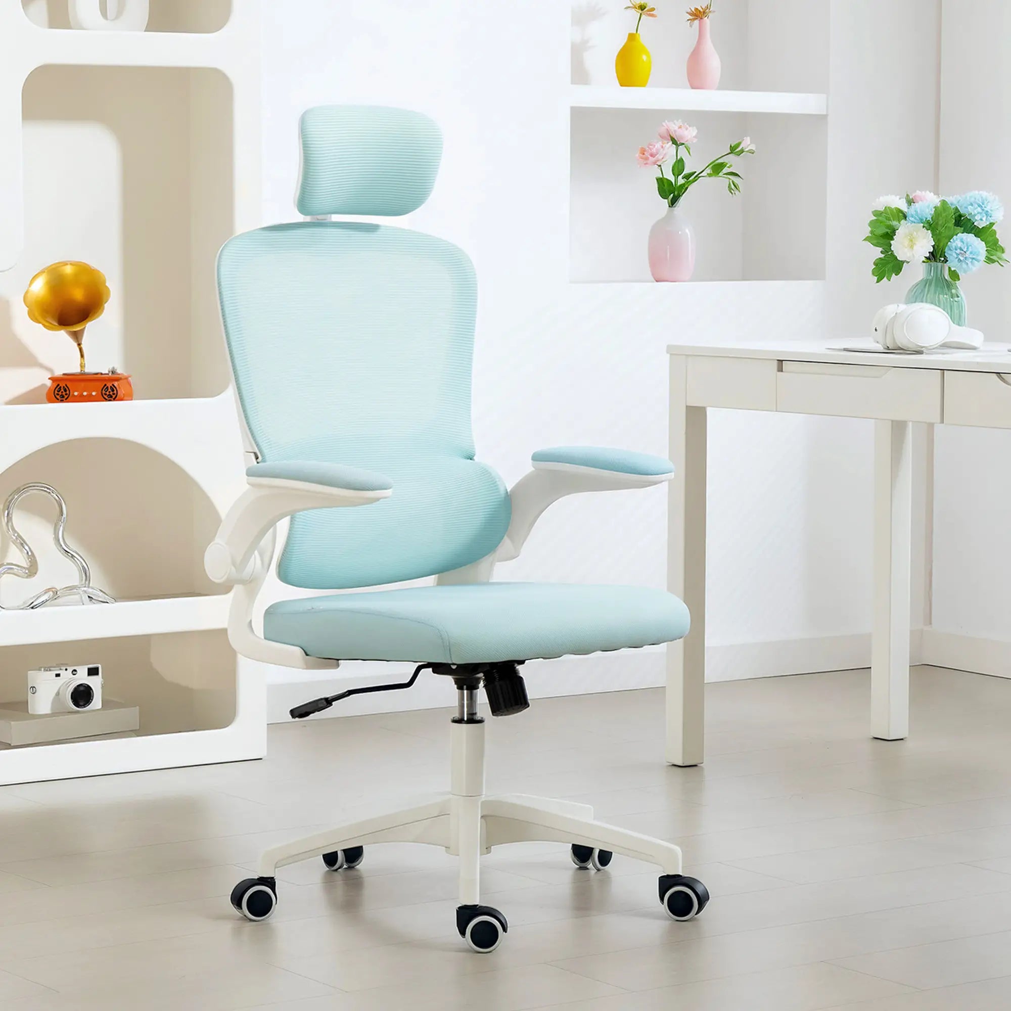 Ergonomic Mesh Office Chair, High Back, Headrest, Flip-Up Armrests, Lumbar Support, Light Green Task Chairs at Gallery Canada