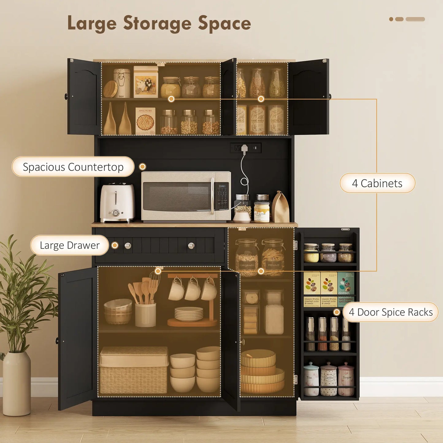 68" Pantry Cabinet with Charging Station, Microwave Stand, 4 Door Racks, Black Kitchen Pantry Cabinets at Gallery Canada