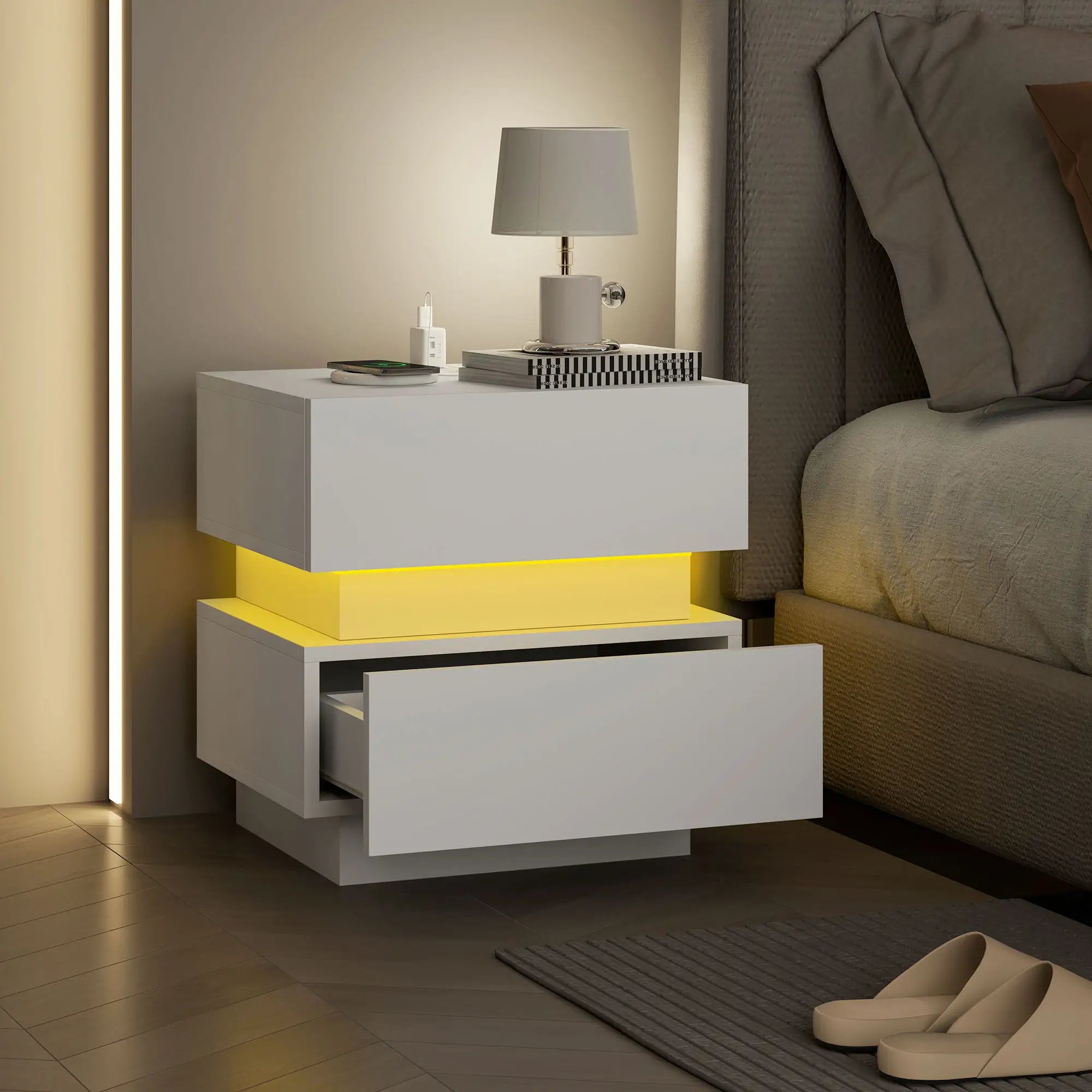 Modern Nightstand with Charging Station, LED Light, USB Ports, White Bedside Tables at Gallery Canada