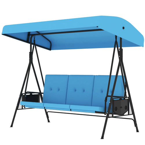 3-Seat Outdoor Porch Swing with Canopy, Side Tray, Cushion, Blue