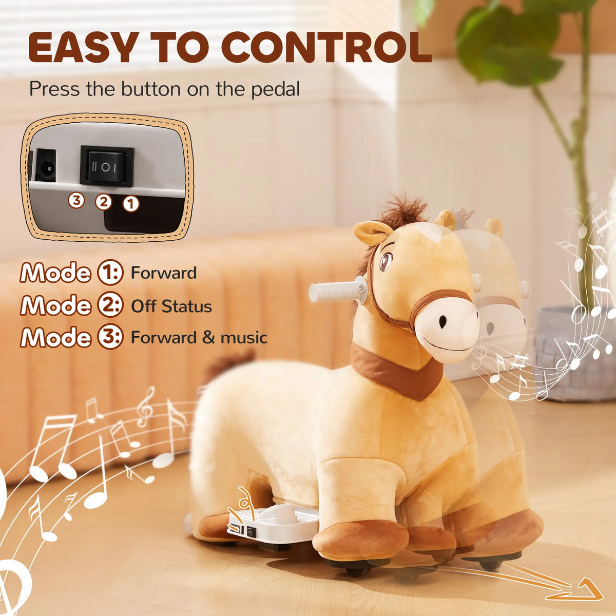 6V Kids Ride On Horse Toy, Electric, Brown