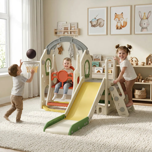 5-In-1 Toddler Slide And Swing Set With Adjustable Seat, Cream Gym Sets & Swings Creamy White, Green, Light Grey, Yellow, Orange at Gallery Canada