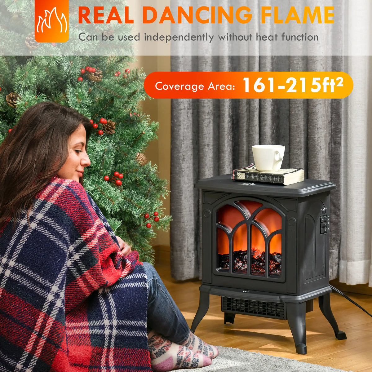 Electric Fireplace Heater, Freestanding Stove, Realistic Flame, Overheat Protection, 750W/1500W, Black Electric Fireplaces at Gallery Canada