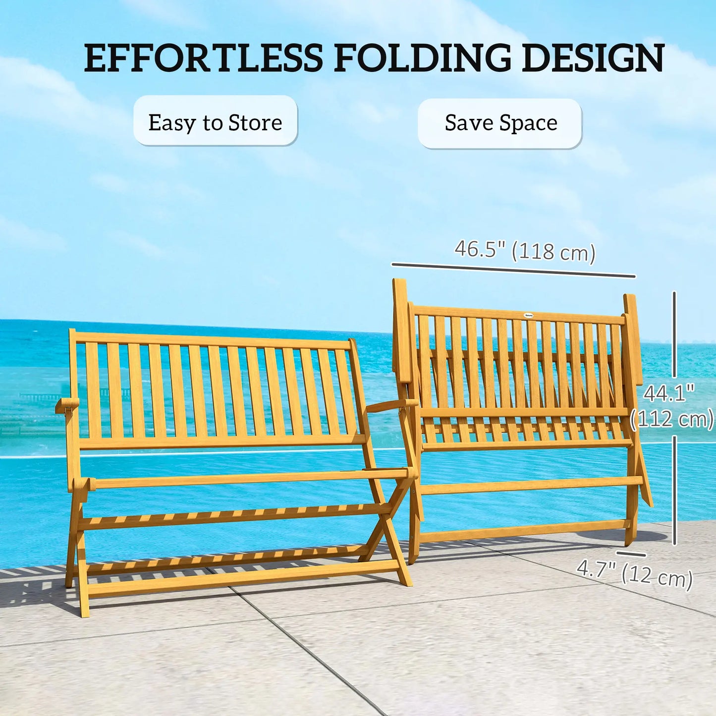 46.5" Foldable Wood Outdoor Bench, Backrest, Armrests, Teak Patio Chairs at Gallery Canada