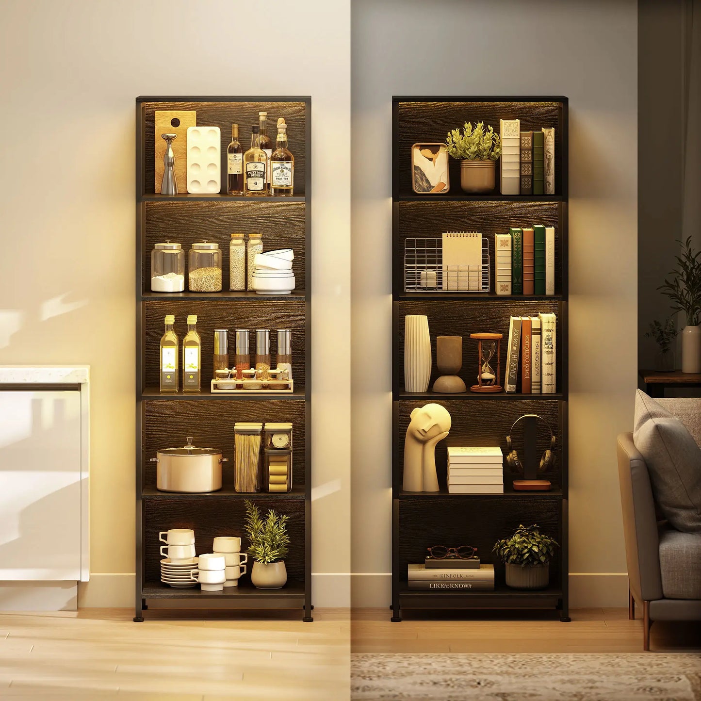 5-Tier Bookshelf With LED Lights, Metal Frame, Black