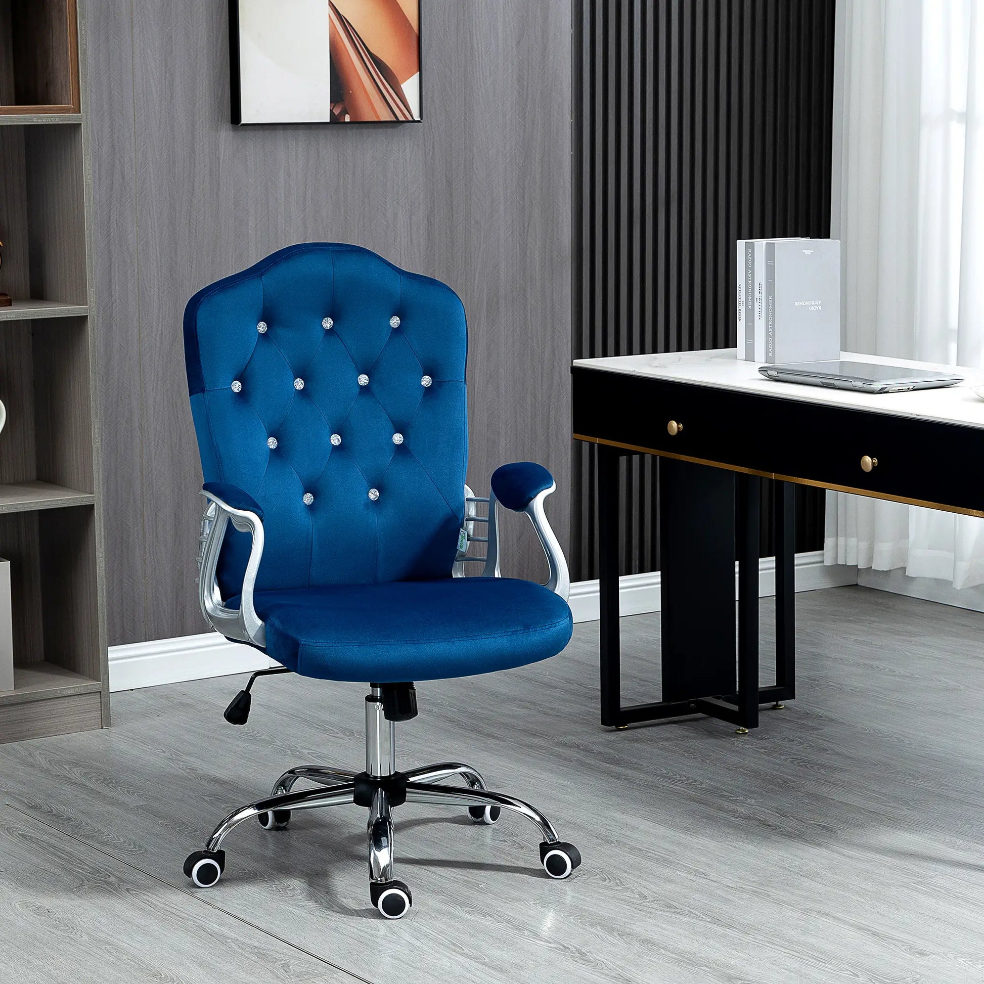 Velvet Office Chair, Button Tufted, Swivel Wheels, Adjustable Height, Blue Executive & Manager Chairs at Gallery Canada
