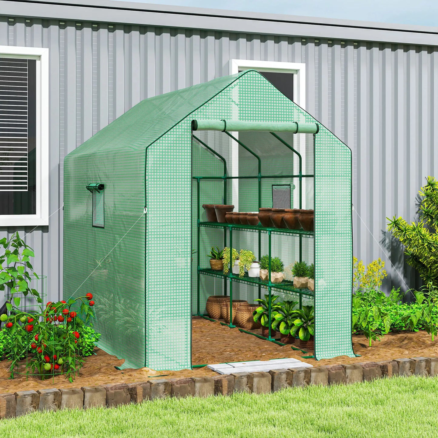 Walk-in Greenhouse, 3 Tier, Roll-up Door, Mesh Windows, 140 x 213 x 190 cm, Green