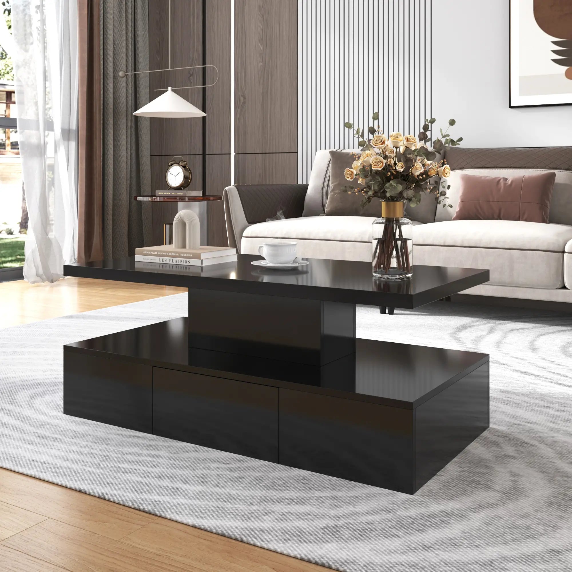 High-Gloss Coffee Table, Hidden Drawer, 39.5