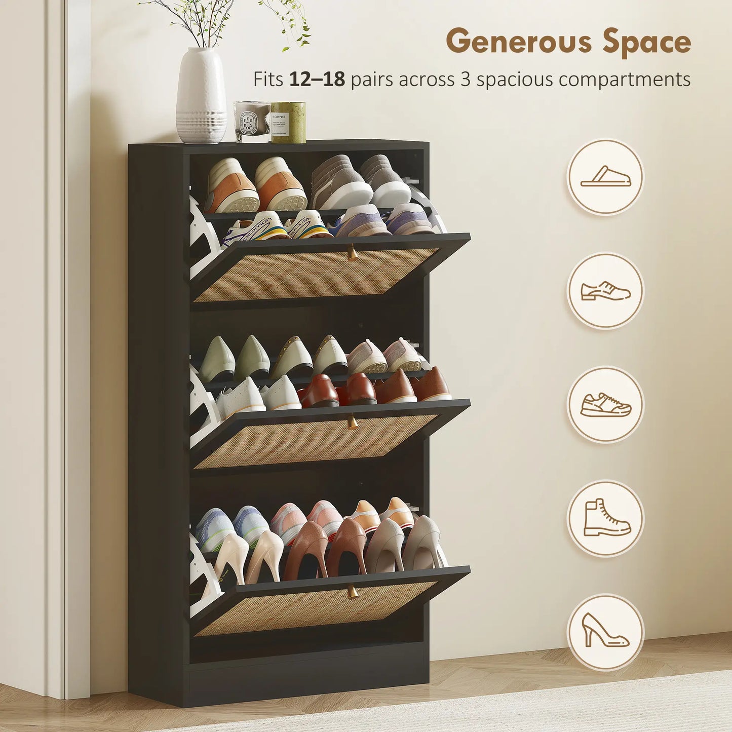 Rattan Shoe Storage Cabinet, 3 Flip Drawers, Adjustable Shelves, 18 Pairs, Black Shoe Storage Cabinets & Racks at Gallery Canada