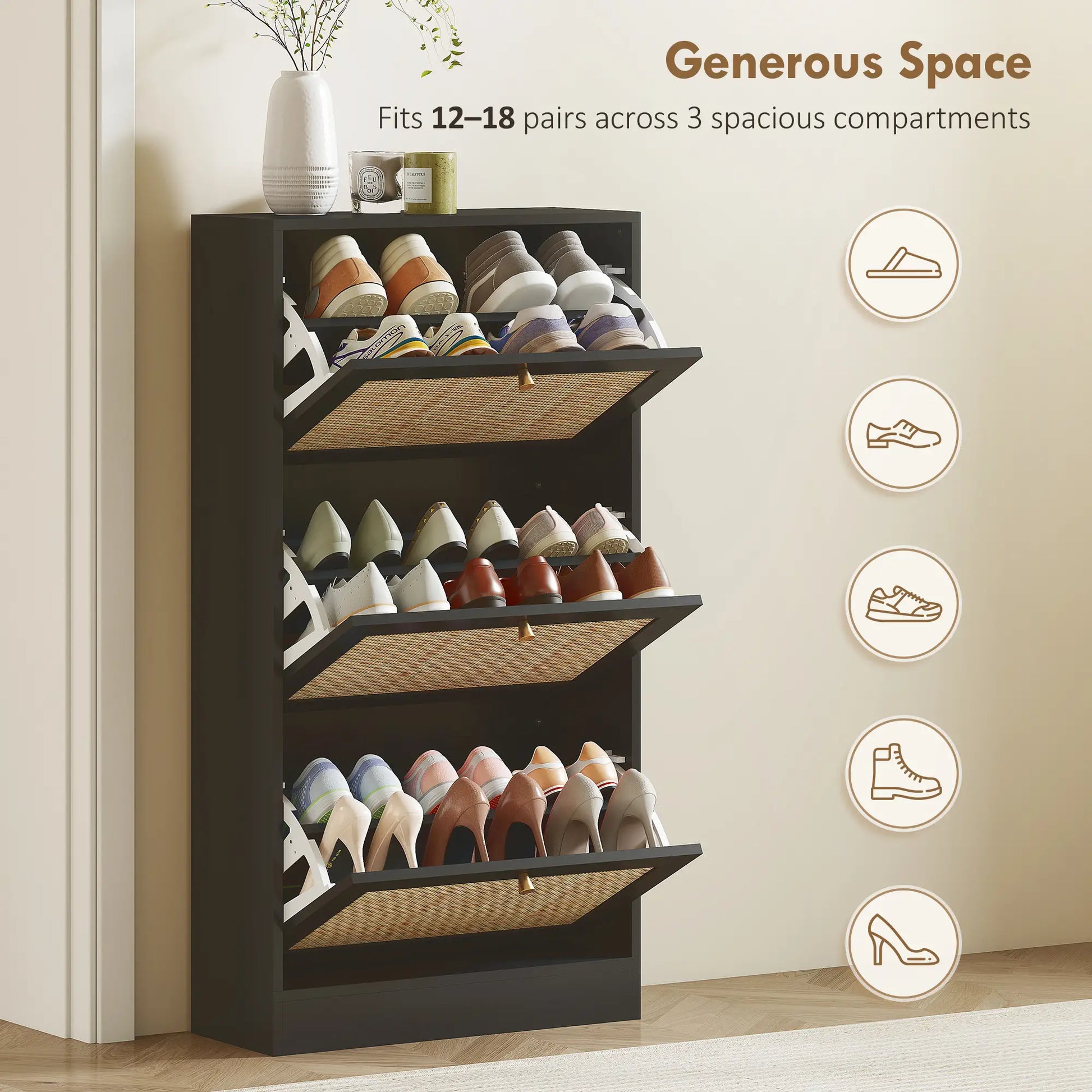 Rattan Shoe Storage Cabinet, 3 Flip Drawers, Adjustable Shelves, 18 Pairs, Black Shoe Storage Cabinets & Racks at Gallery Canada