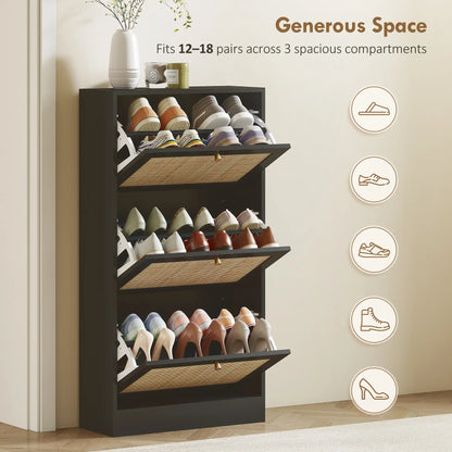 Rattan Shoe Storage Cabinet, 3 Flip Drawers, Adjustable Shelves, 18 Pairs, Black Shoe Storage Cabinets & Racks at Gallery Canada