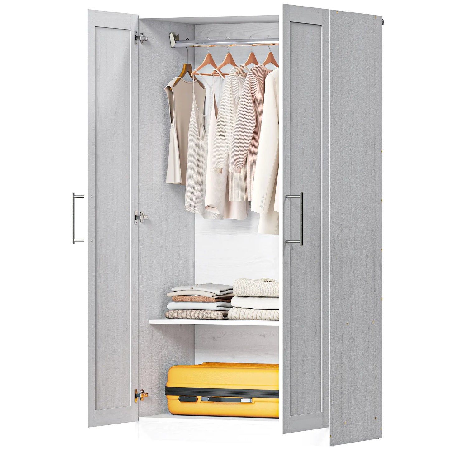 White Wood Effect Wardrobe Cabinet, 2 Doors With Hanging Rod, White