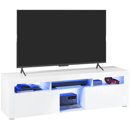 Support TV Moderne avec Rangement, Lumières LED, 55", Haute brillance, Blanc
