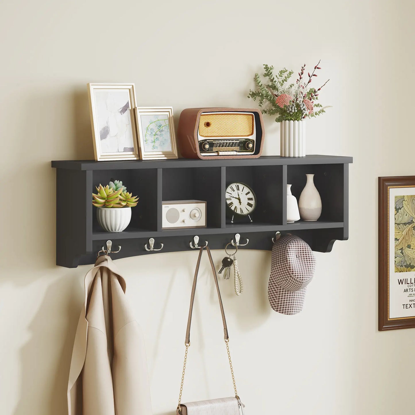 Wall Mount Coat Rack with Shelf, 28", 5 Hooks, 4 Compartments, Black
