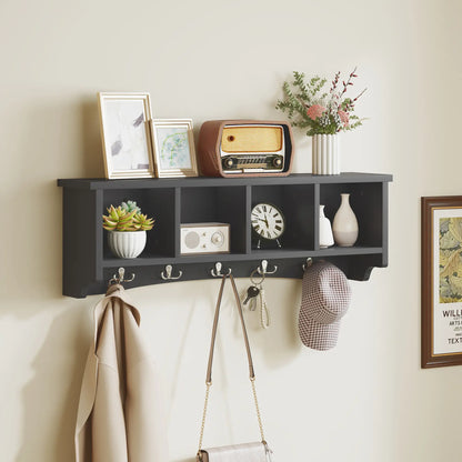 Wall Mount Coat Rack with Shelf, 28", 5 Hooks, 4 Compartments, Black