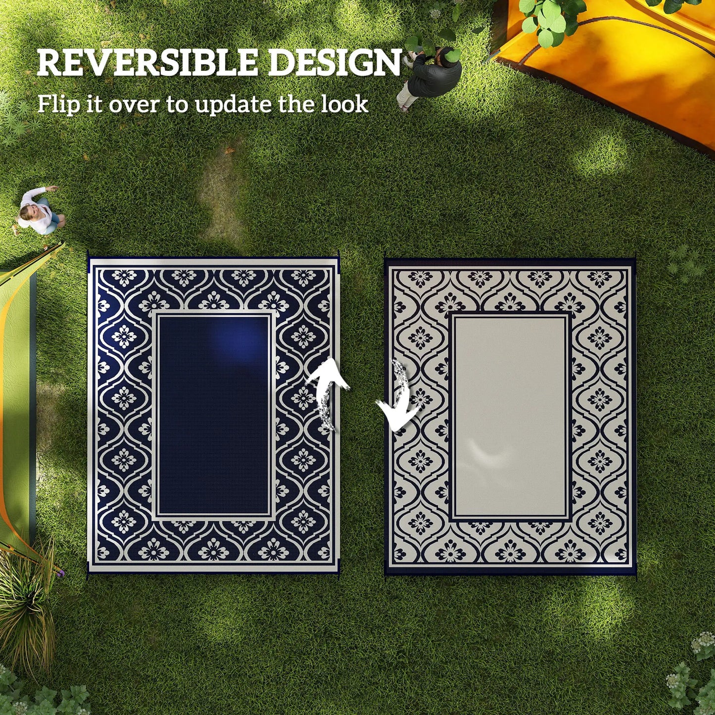 8' x 10' Outdoor RV Rug, Reversible, Gourd Border, White, Blue Garden Decor at Gallery Canada
