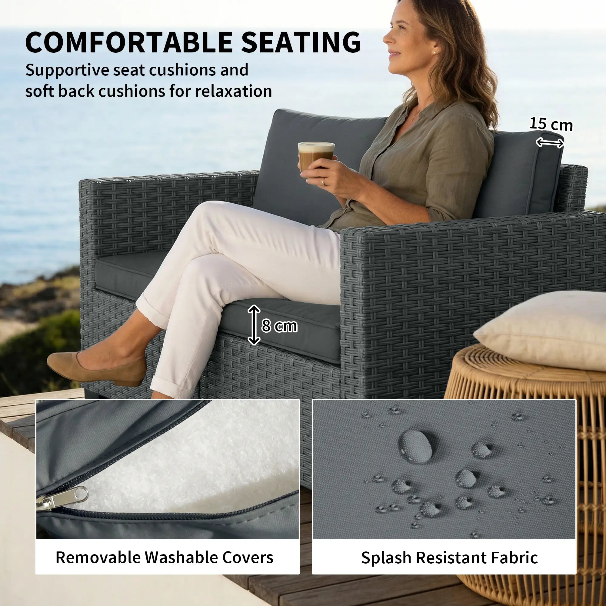 2 Seater Outdoor Couch, Deep Seat, Cushions, Wide Armrests, Dark Grey Patio Furniture Sets at Gallery Canada