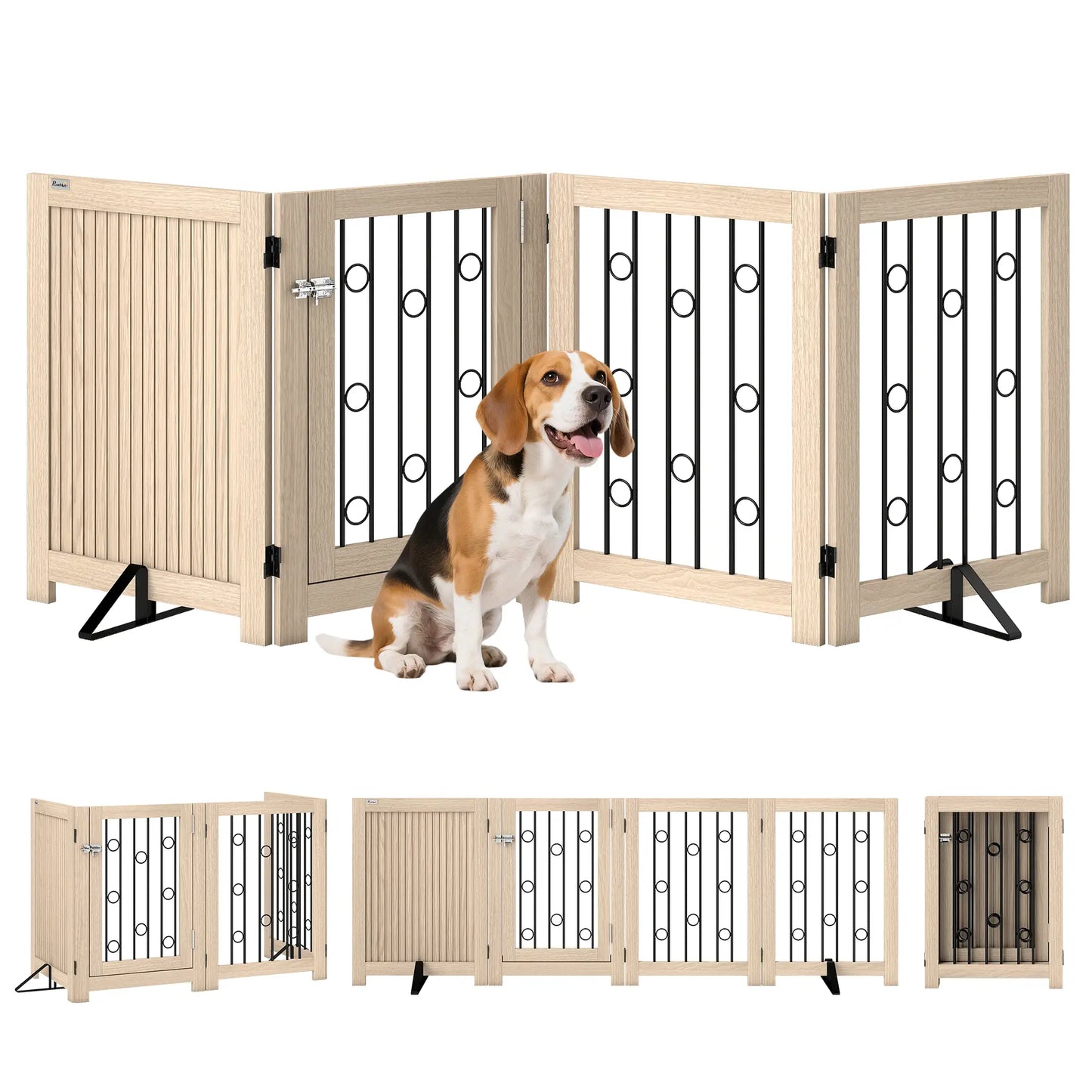 Wooden Foldable Dog Gate, 4 Panels, Walk-Through Door