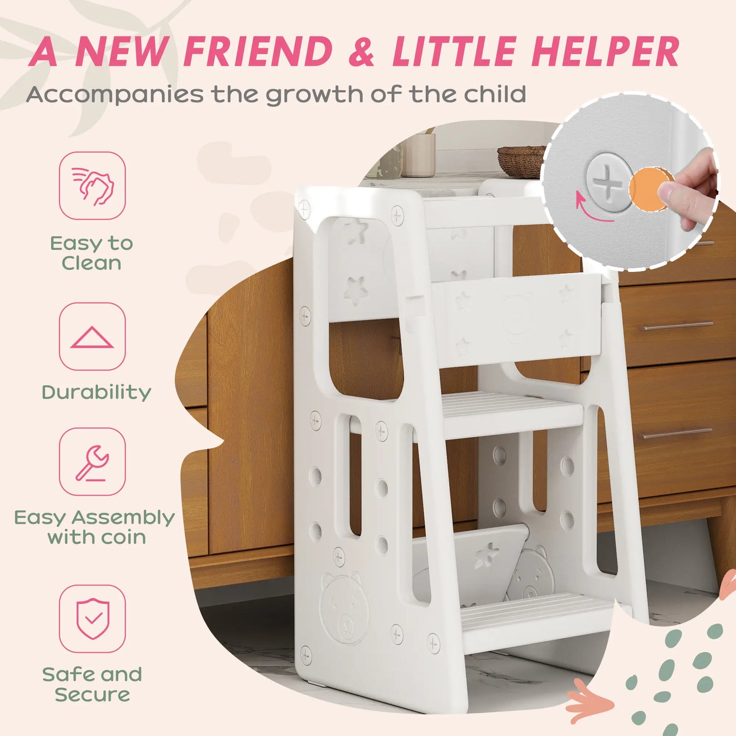 Toddler Kitchen Helper, 2 Step Stool, Adjustable Height, Safety Rail, White Toddler & Kids Step Stools at Gallery Canada
