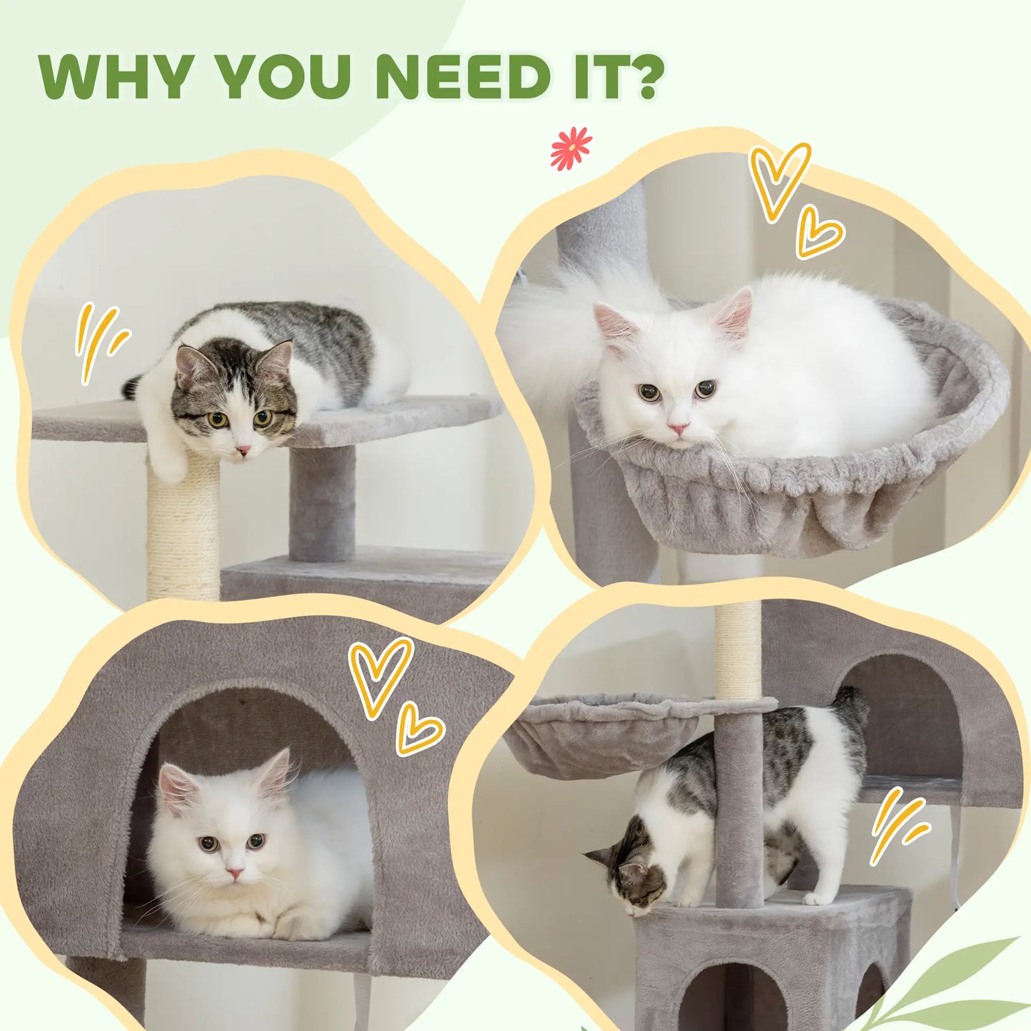 66 Inch Cat Tree with 2 Door Condos, 3 Hammocks, Perch, Scratching Posts, Light Grey Cat Trees at Gallery Canada