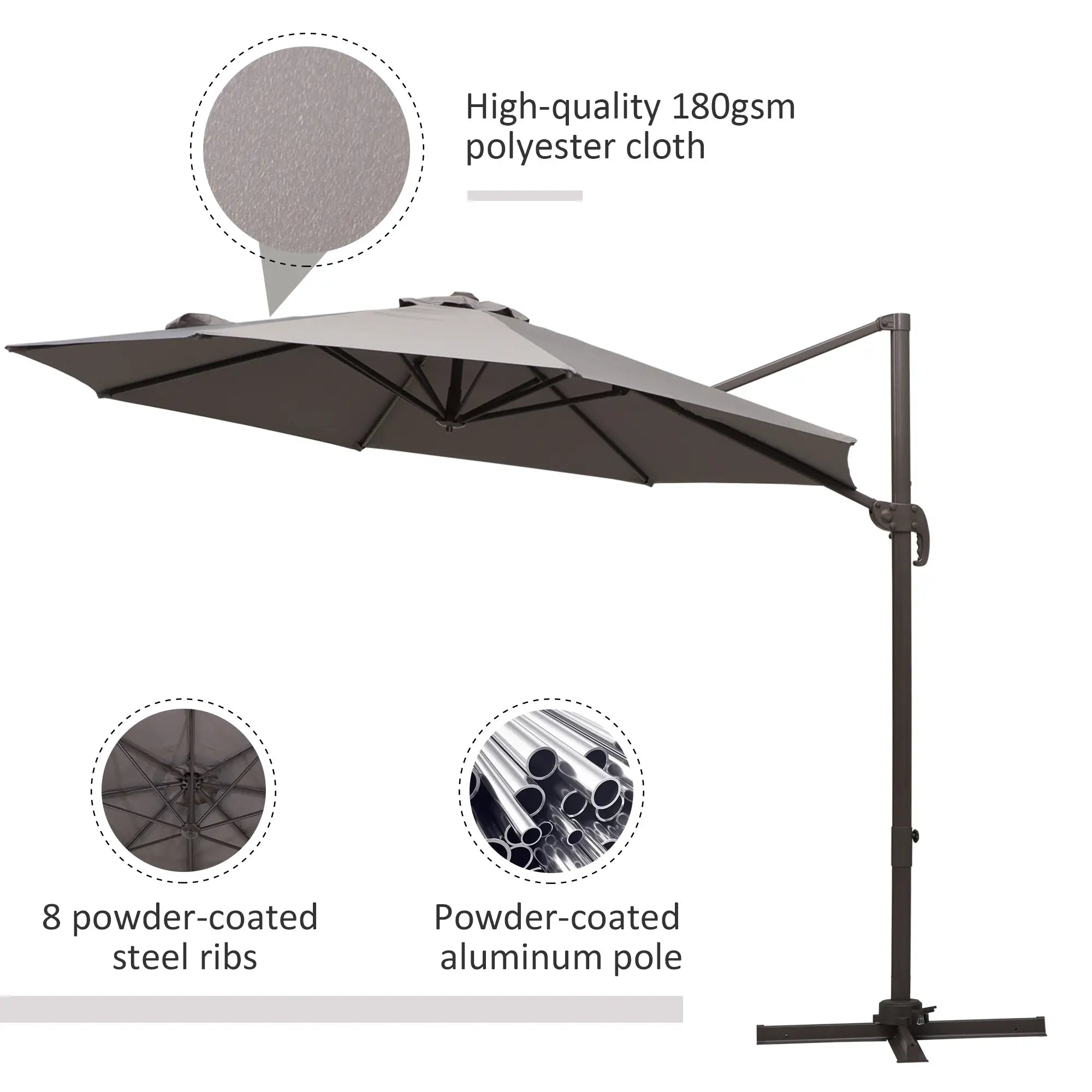 10ft Cantilever Patio Umbrella, 360° Rotation, Crank, Grey Cantilever Umbrellas at Gallery Canada
