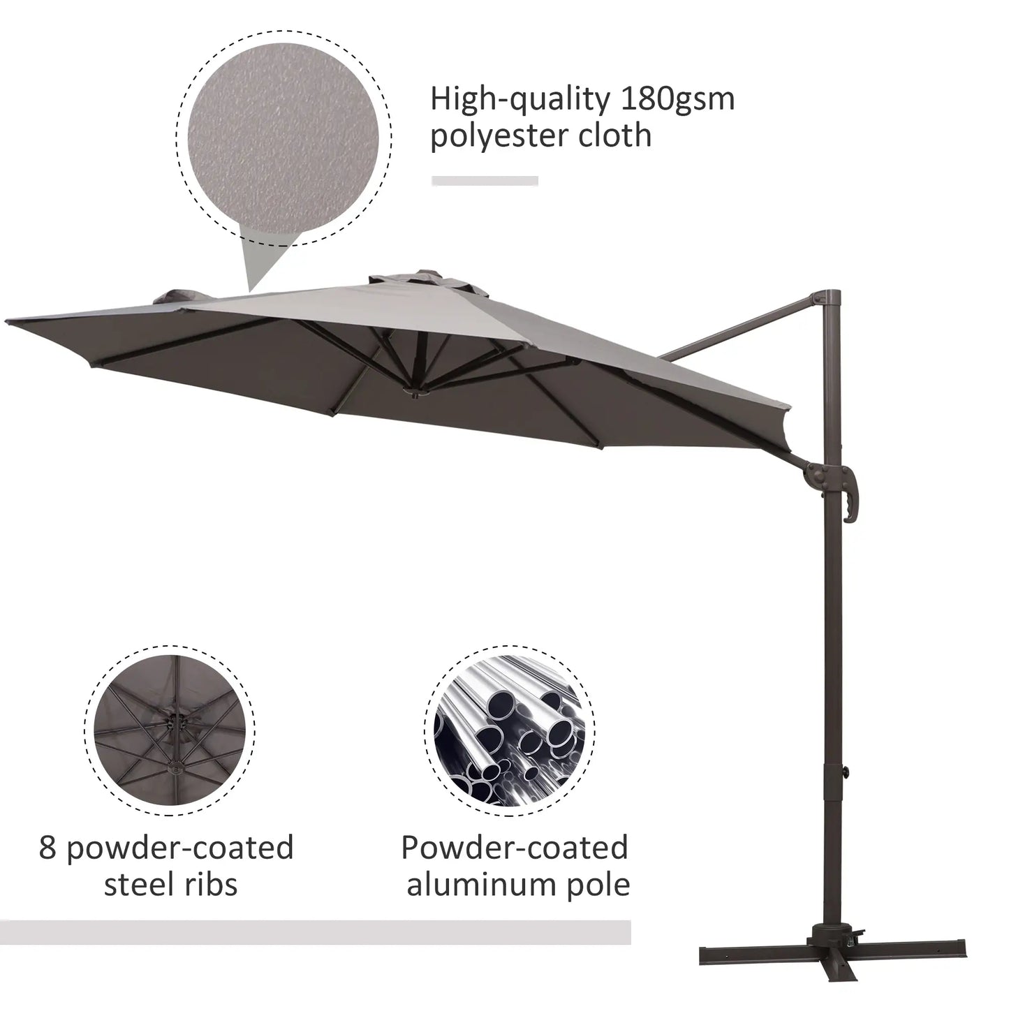 10ft Cantilever Patio Umbrella, 360° Rotation, Crank, Grey Cantilever Umbrellas at Gallery Canada