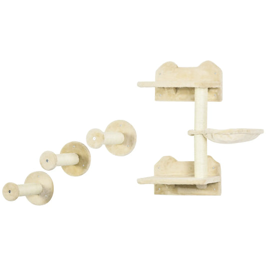 4Pcs Cat Wall Shelf with Scratching Posts, Hammock, Beige Cat Climbing Wall Beige at Gallery Canada