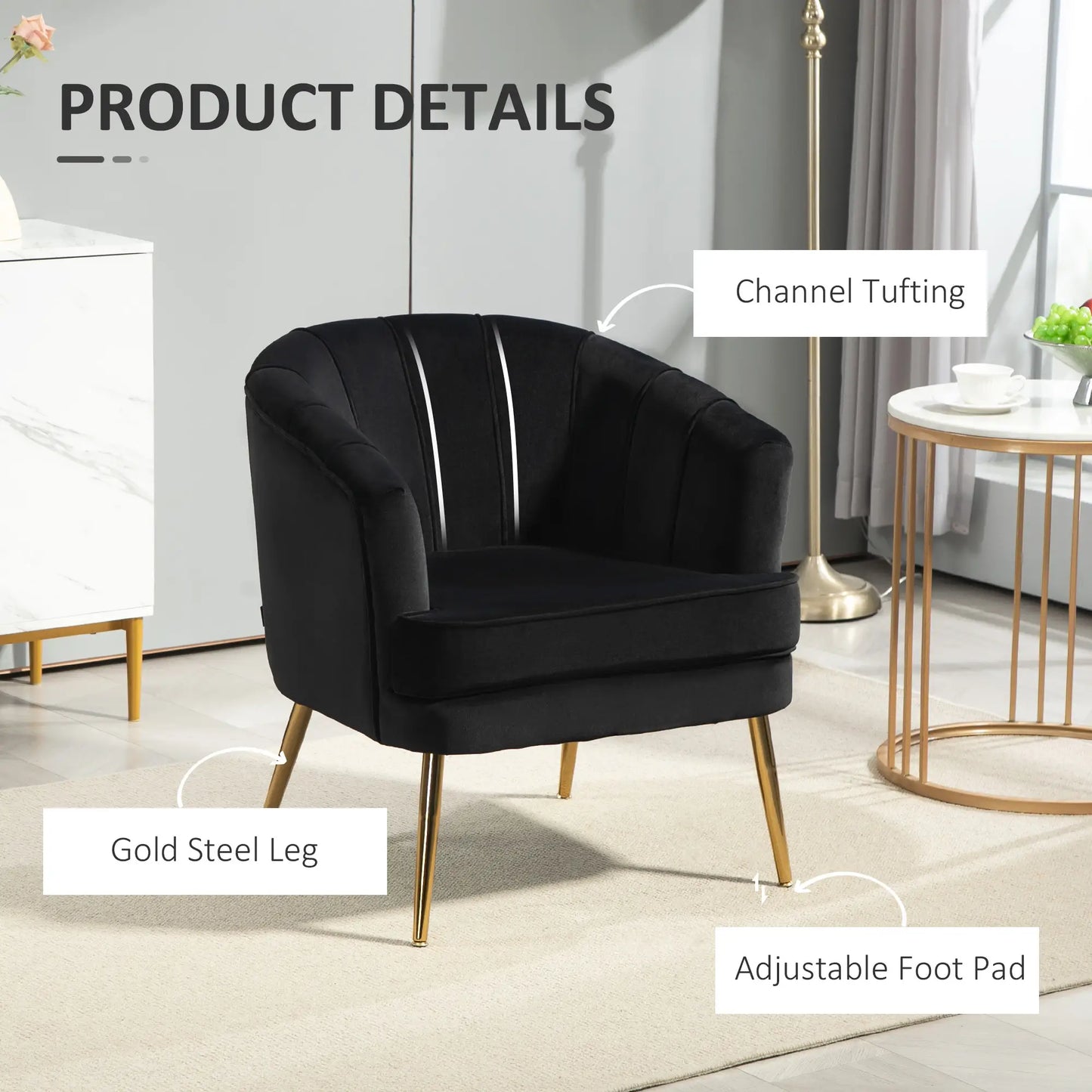 Modern Fabric Armchair, Gold Metal Legs, Living Room, Black Accent Chairs at Gallery Canada