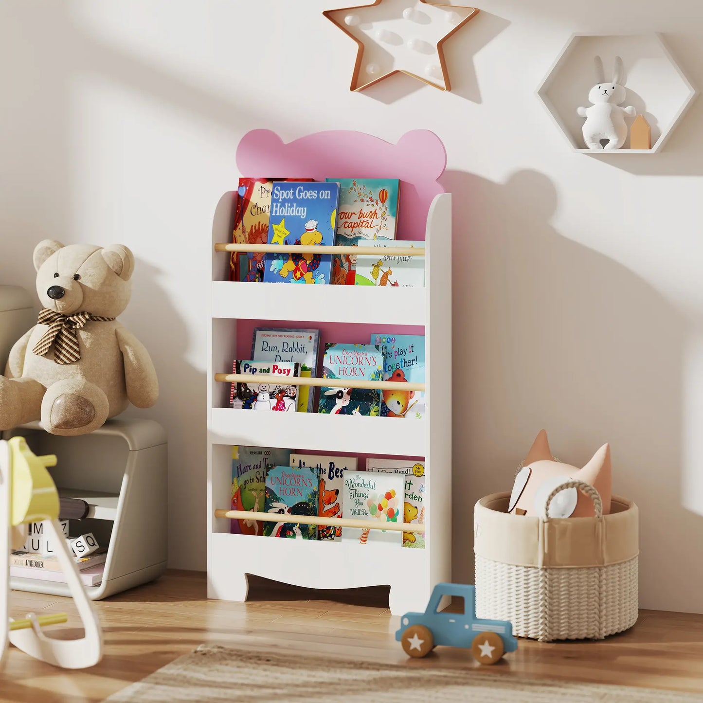3-Tier Bear Theme Kids Bookshelf, Anti-Tip, 36.6L x 11.8W x 35.4H Inches, Pink Baby & Kids Storage at Gallery Canada