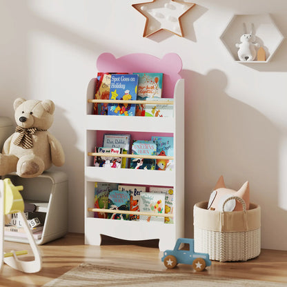 3-Tier Bear Theme Kids Bookshelf, Anti-Tip, 36.6L x 11.8W x 35.4H Inches, Pink Baby & Kids Storage at Gallery Canada