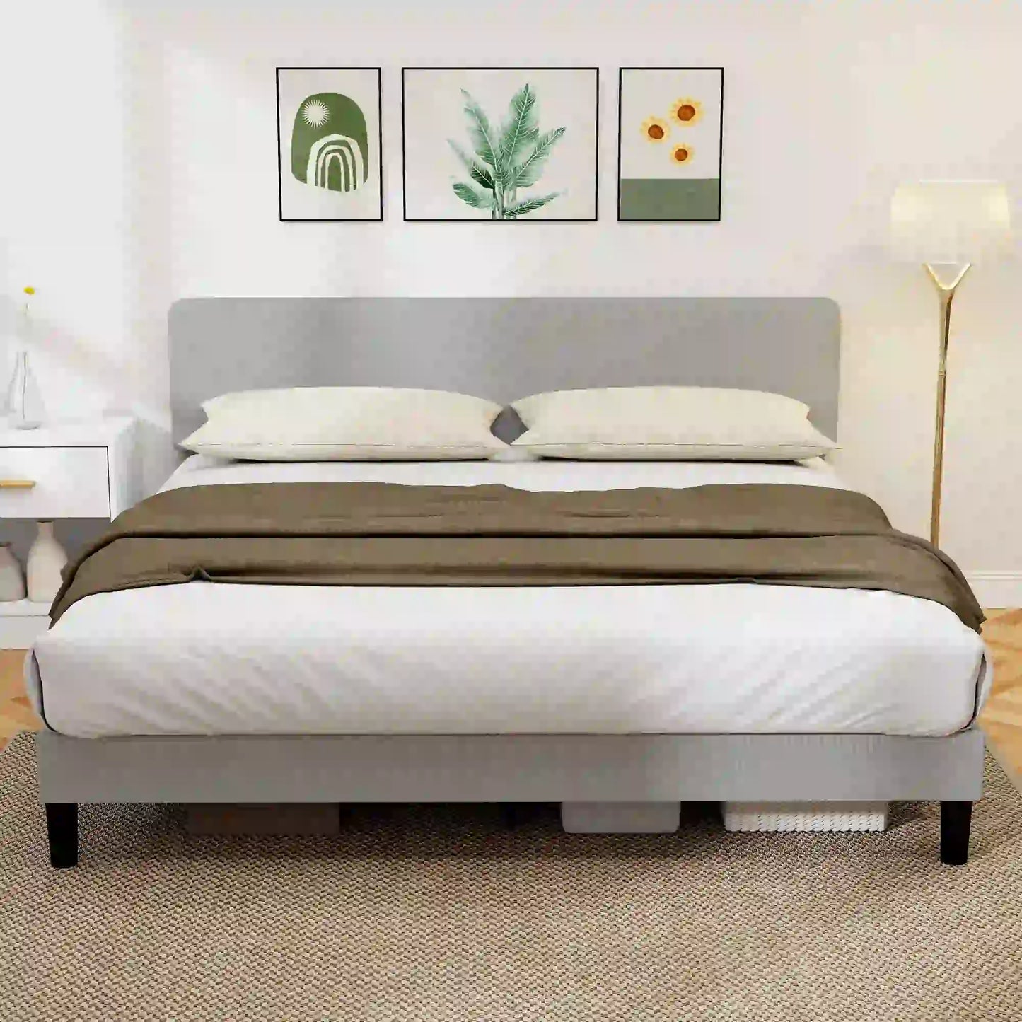 King Size Bed Frame, Adjustable Upholstered Headboard, Wood Slat Support, Light Grey Bed Frames at Gallery Canada