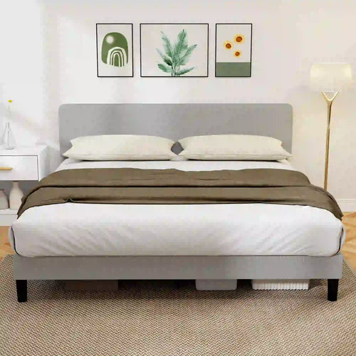 King Size Bed Frame, Adjustable Upholstered Headboard, Wood Slat Support, Light Grey